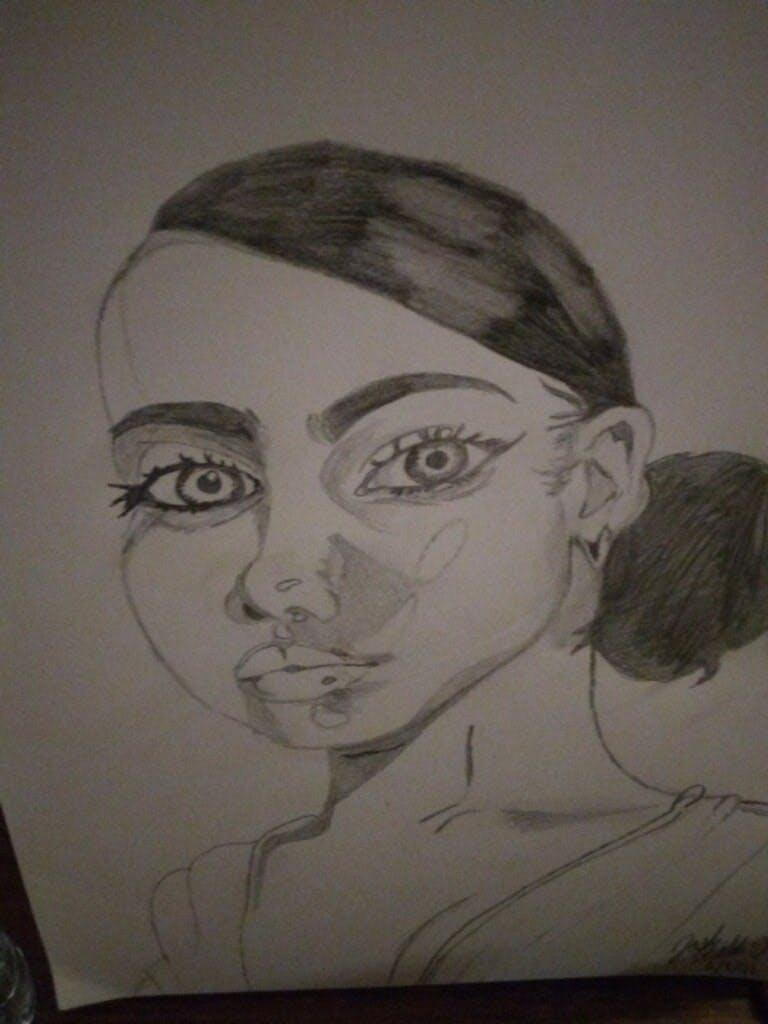 Drawing of a woman with a short ponytail. She stares at the viewer. Black and white, line art.